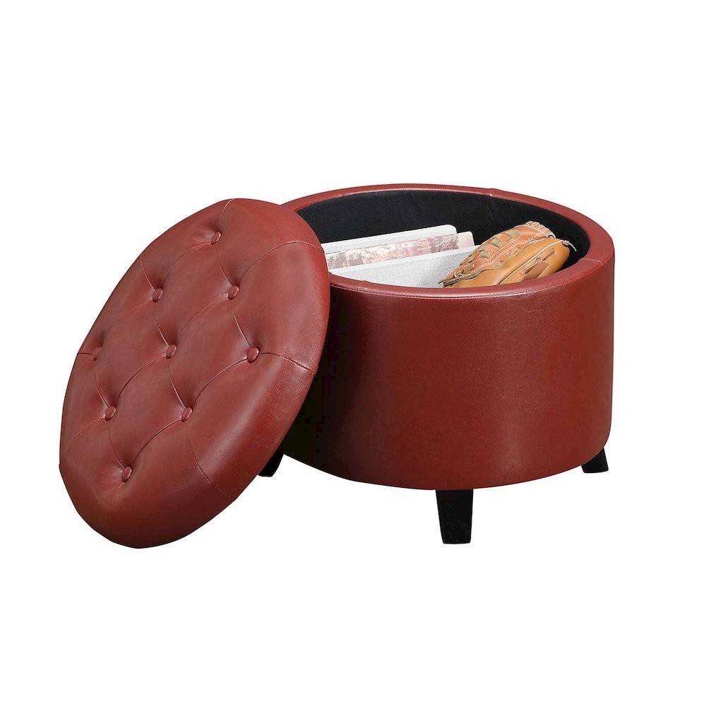 Round Storage Ottoman Removable Lid, Red Faux Leather, Foam Top, 19.75-inch Wide