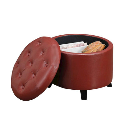 Round Storage Ottoman Removable Lid, Red Faux Leather, Foam Top, 19.75-inch Wide