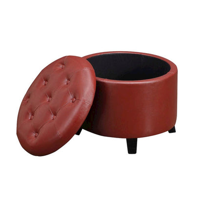 Round Storage Ottoman Removable Lid, Red Faux Leather, Foam Top, 19.75-inch Wide