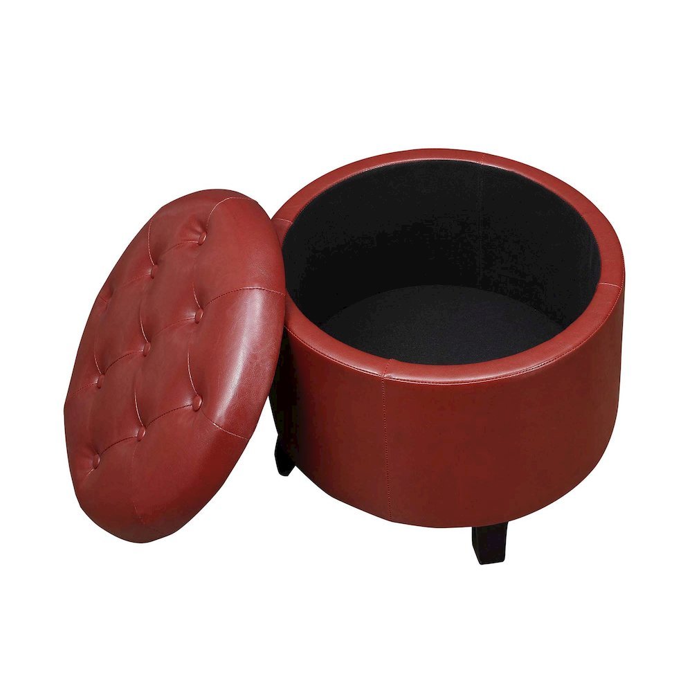 Round Storage Ottoman Removable Lid, Red Faux Leather, Foam Top, 19.75-inch Wide