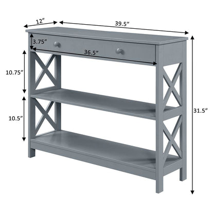Console Table with 1 Drawer and 3 Tiers of Shelving, Gray Wood, 12-inch Depth