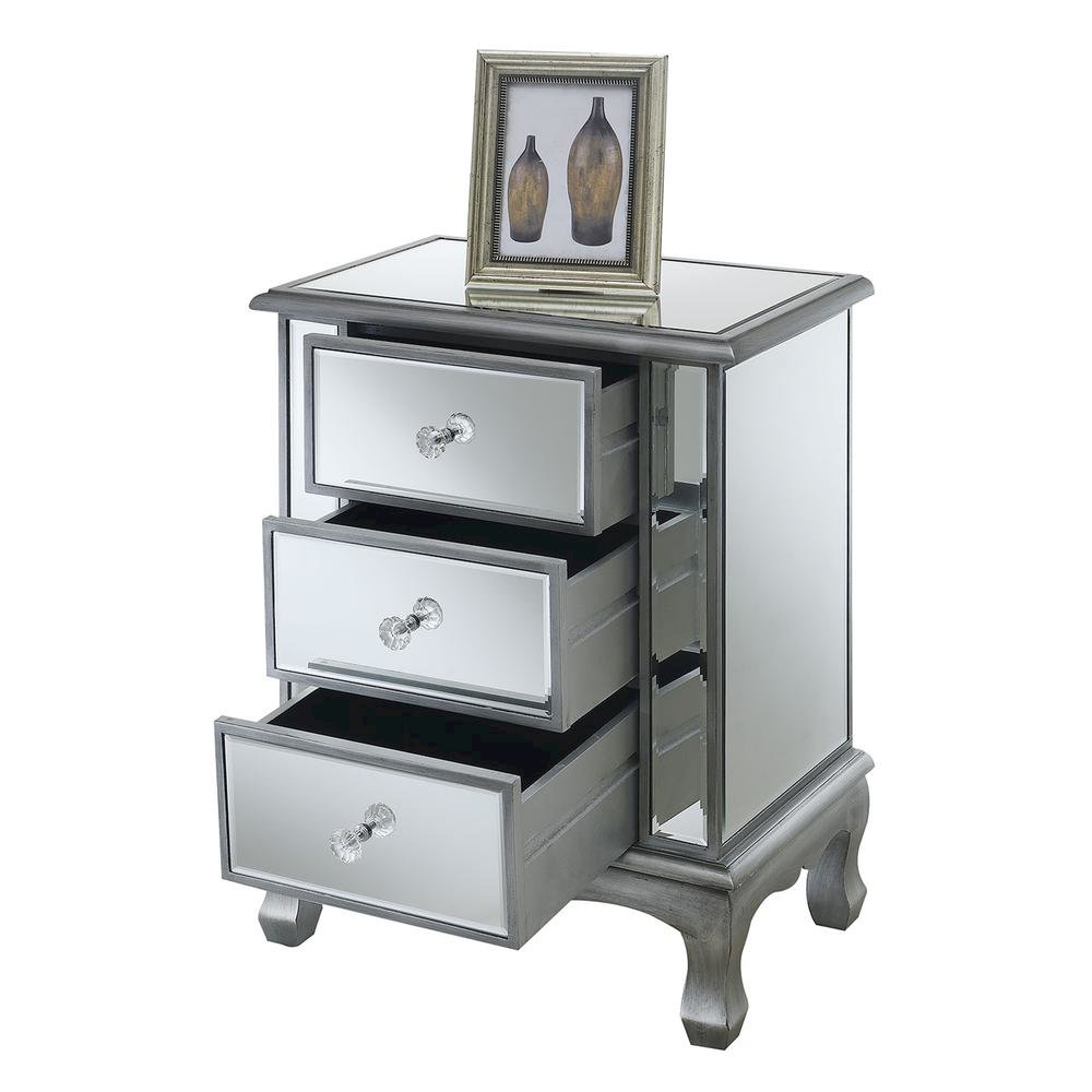 3-Drawer End Table with Mirror Finish, Glam Style, Silver, Quick Easy Assembly