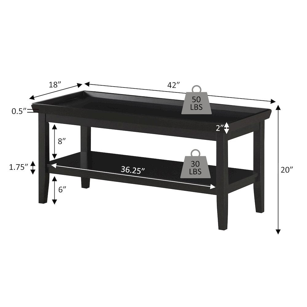 Coffee Table Raised Ledge Top, Solid Legs, Brown Finish, 42-inch Long Furniture