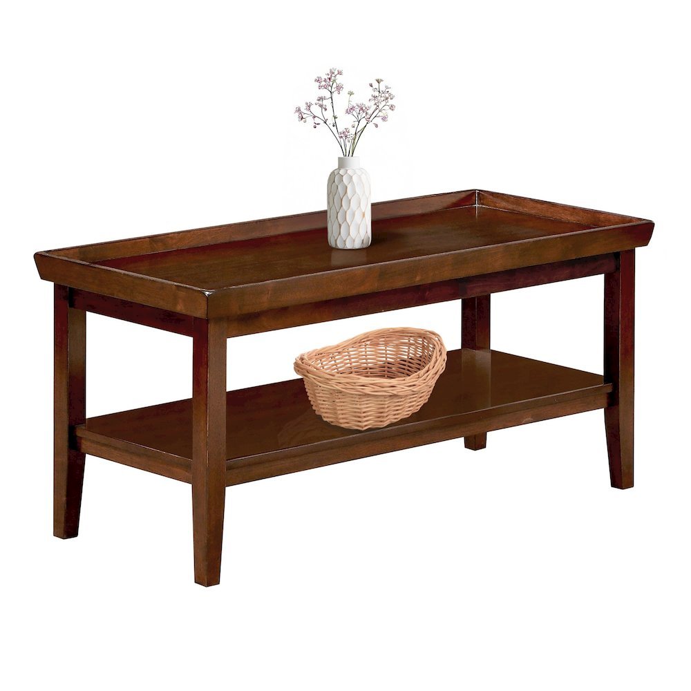 Coffee Table Raised Ledge Top, Solid Legs, Brown Finish, 42-inch Long Furniture