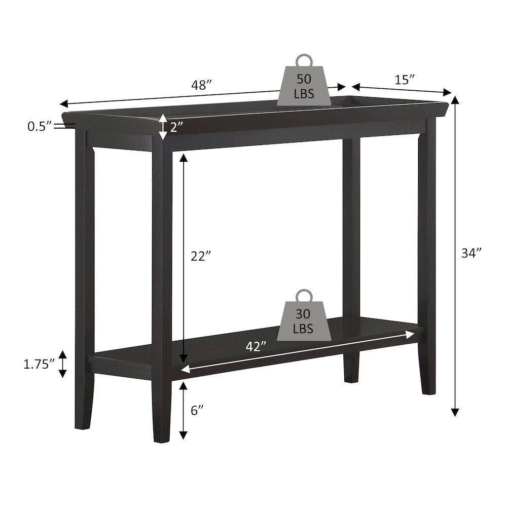 Hall Console Table with Raised Ledge Top, Solid Legs, Black Finish, 48-inch Wide