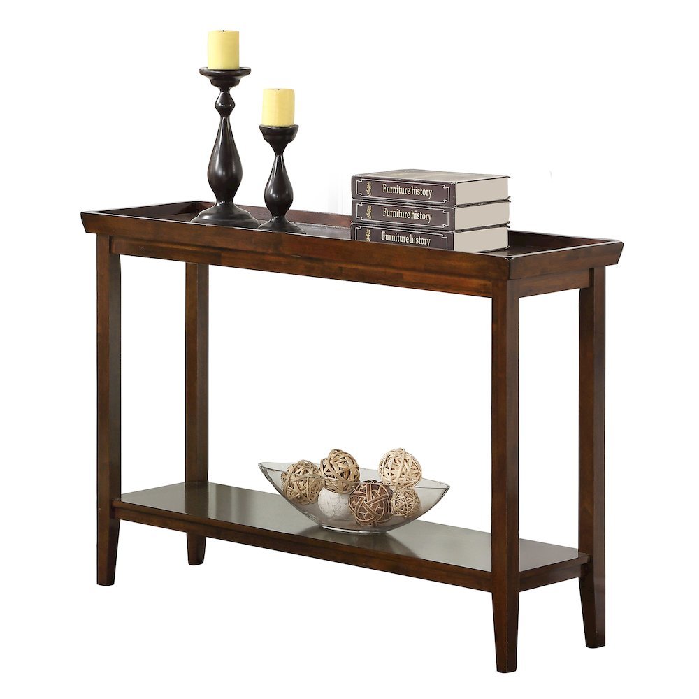 Hall Console Table with Raised Ledge Top, Solid Legs, Brown Finish, 48-inch Wide