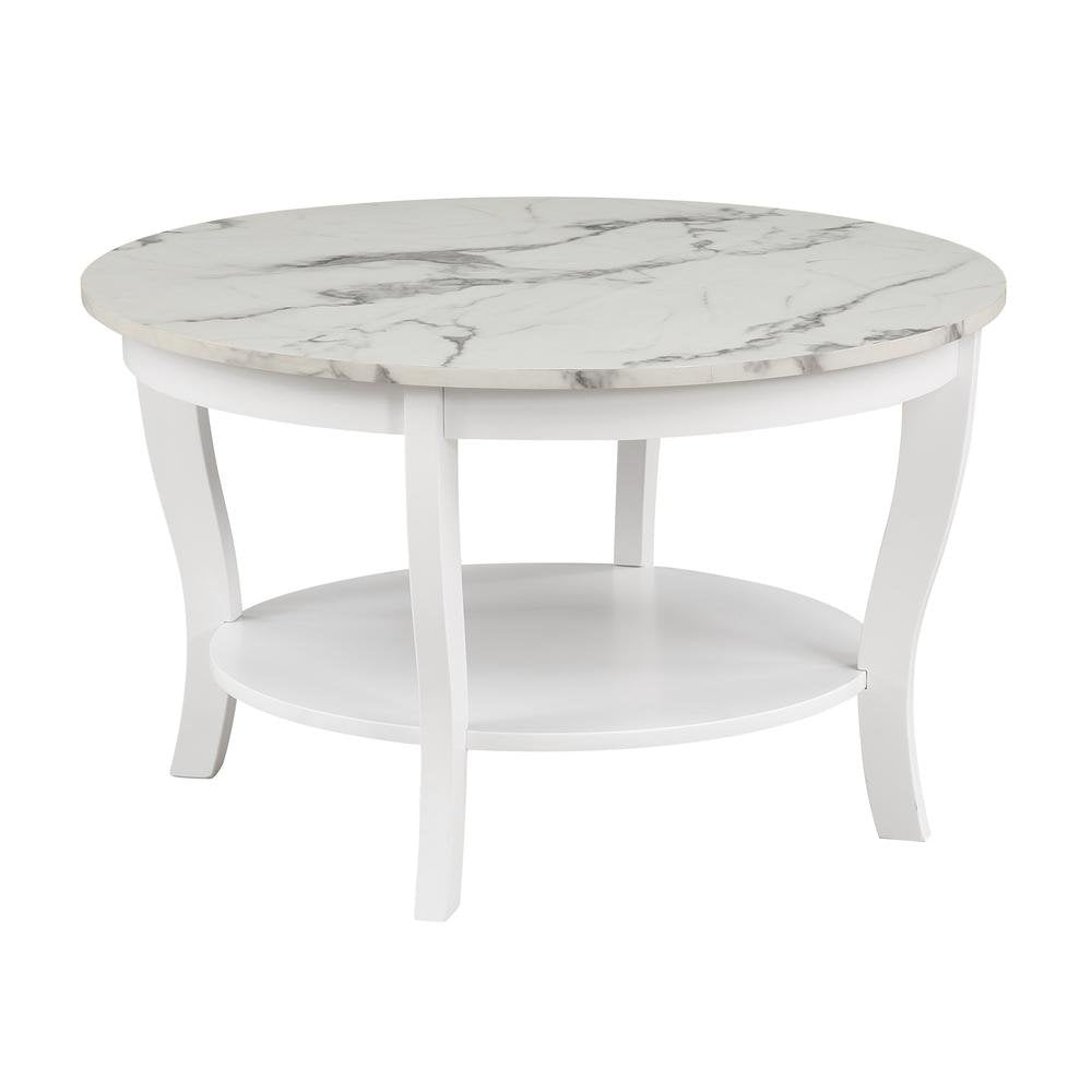 Round Coffee Table, White, Faux Marble Top, Curved Legs