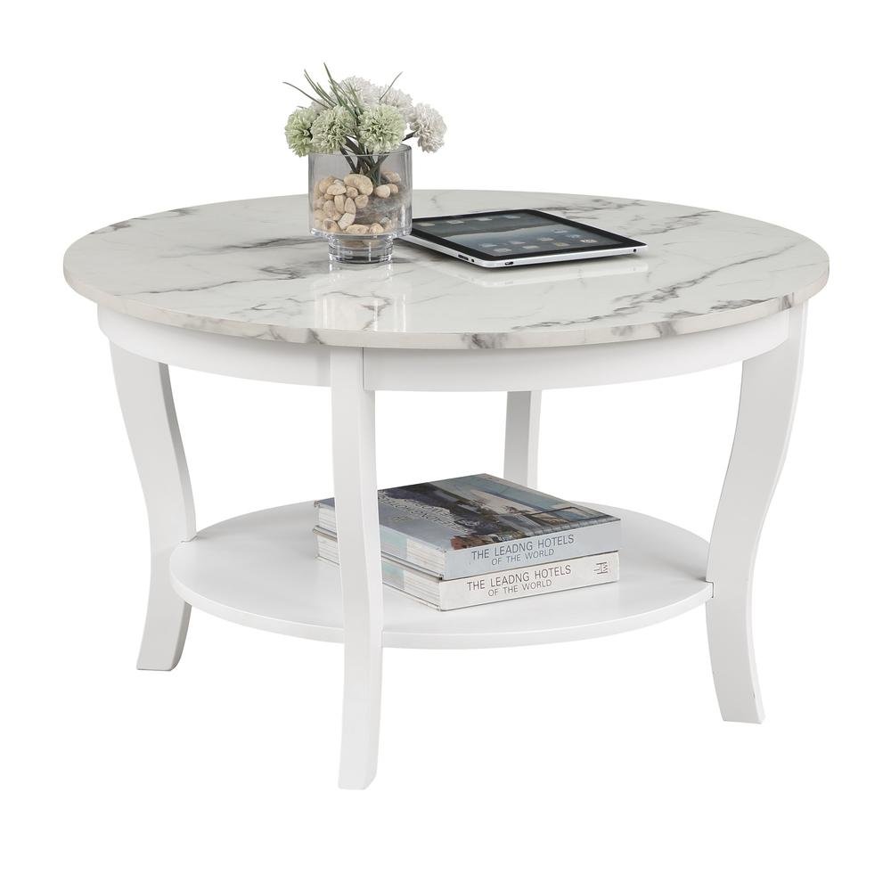 Round Coffee Table, White, Faux Marble Top, Curved Legs