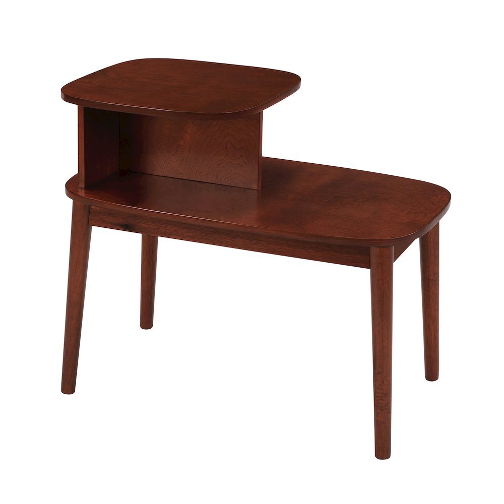Mid-Century End Table 2 Tier Shelving, Red Wood Finish, Spacious Design, 28"