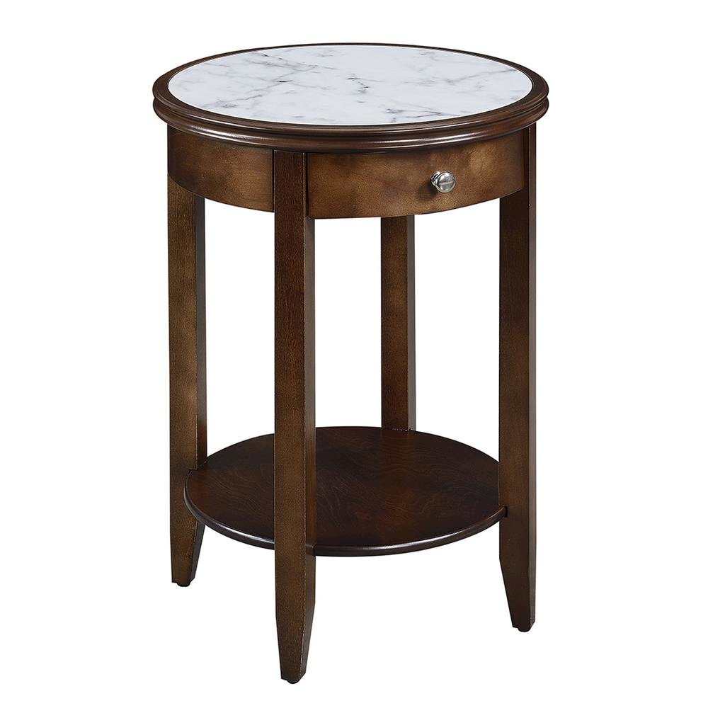 Faux Marble End Table, White, Drawer, Shelf, Espresso Wood
