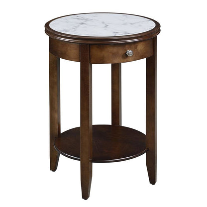 Faux Marble End Table, White, Drawer, Shelf, Espresso Wood