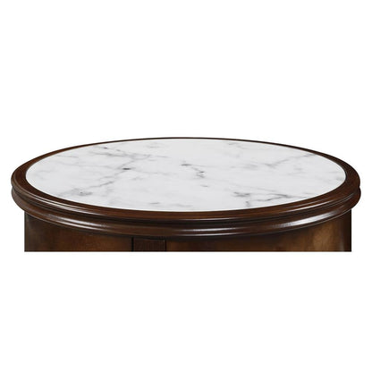 Faux Marble End Table, White, Drawer, Shelf, Espresso Wood