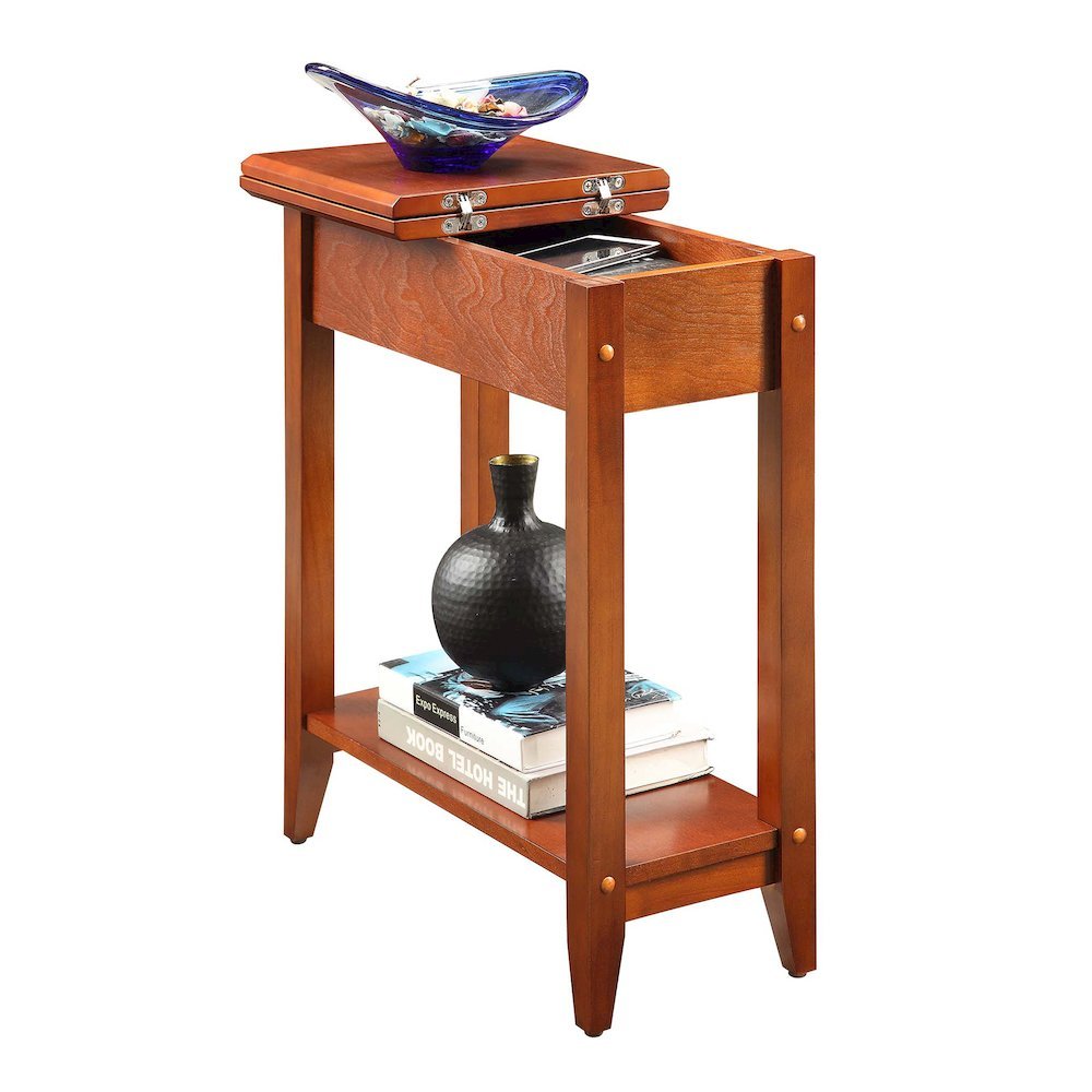 Flip-Top Wood End Table with Hidden Storage and Shelf, Brown Finish 24-inch High