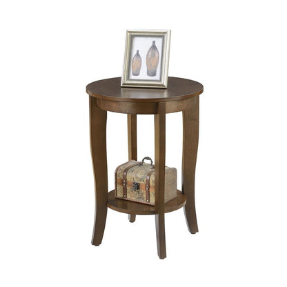 Round Accent Table Modern Design, Bottom Shelf for Display, Brown Wood, 24-inch