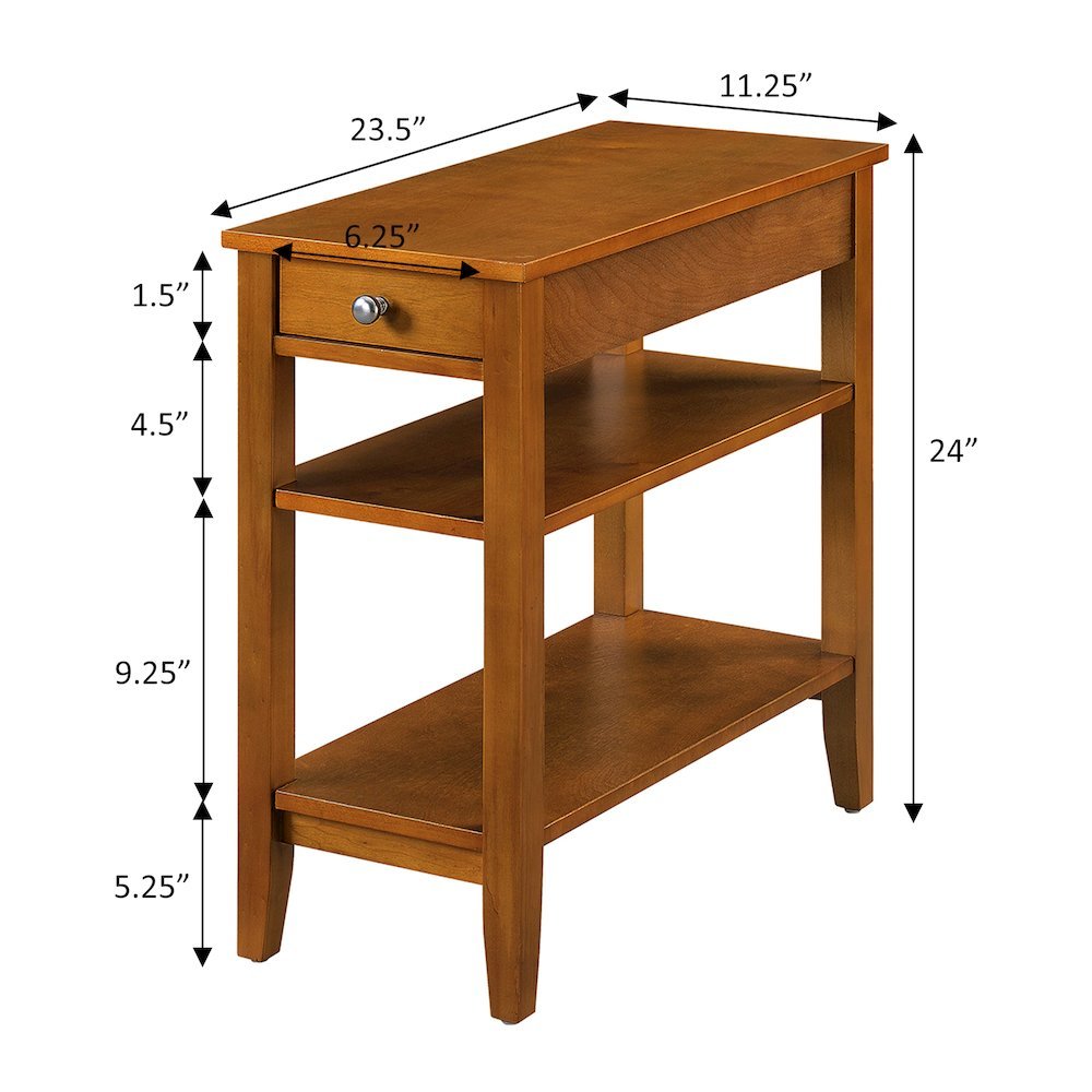 Small Accent Table with Drawer, 3 Shelving Levels, Brown Finish, Nickel Knob