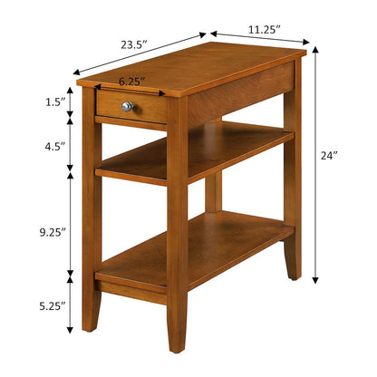 Small Accent Table with Drawer, 3 Shelving Levels, Brown Finish, Nickel Knob