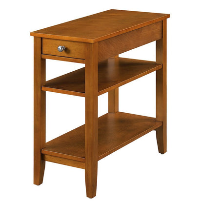 Small Accent Table with Drawer, 3 Shelving Levels, Brown Finish, Nickel Knob