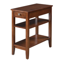 Chairside End Table with 3 Shelving Tiers, Red Wood, Drawer for Concealed Items