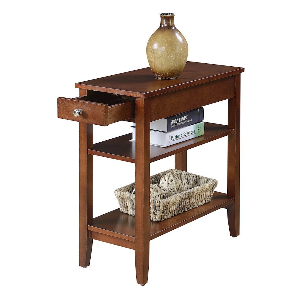 Chairside End Table with 3 Shelving Tiers, Red Wood, Drawer for Concealed Items