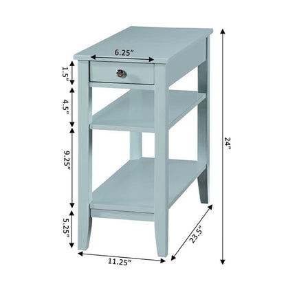 Chairside End Table with Drawer, 3 Shelves, Blue Wood Finish, Nickel Knob Detail