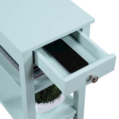 Chairside End Table with Drawer, 3 Shelves, Blue Wood Finish, Nickel Knob Detail