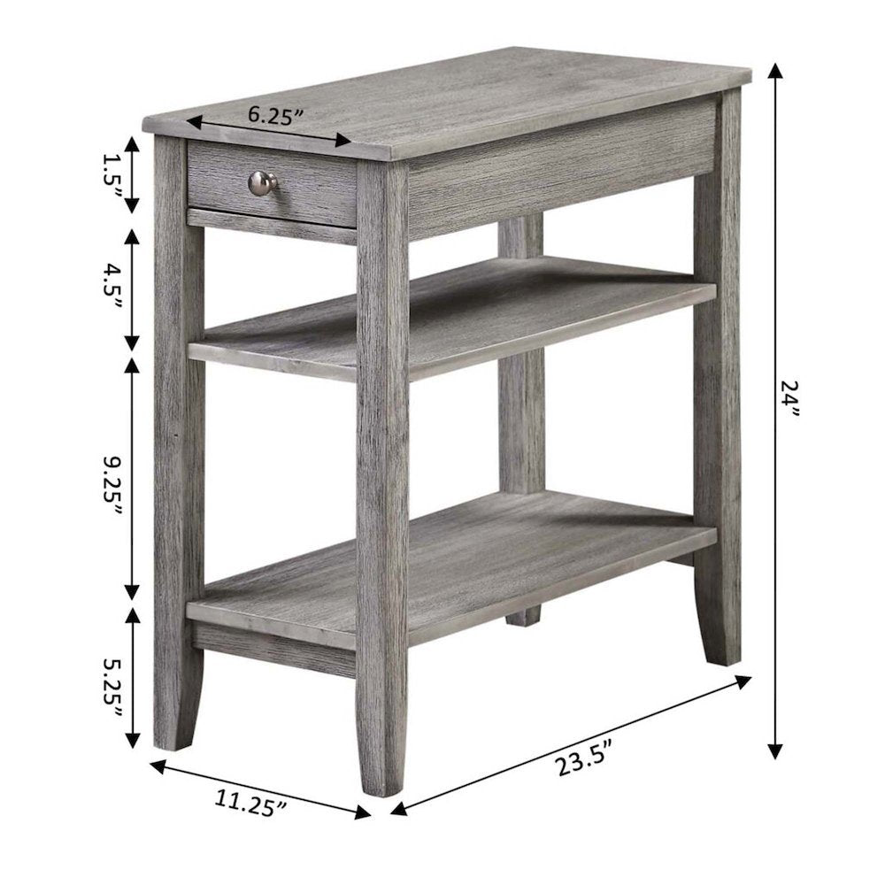 Chairside End Table with Drawer, 3 Shelves, Gray Wood Finish, Concealed Storage