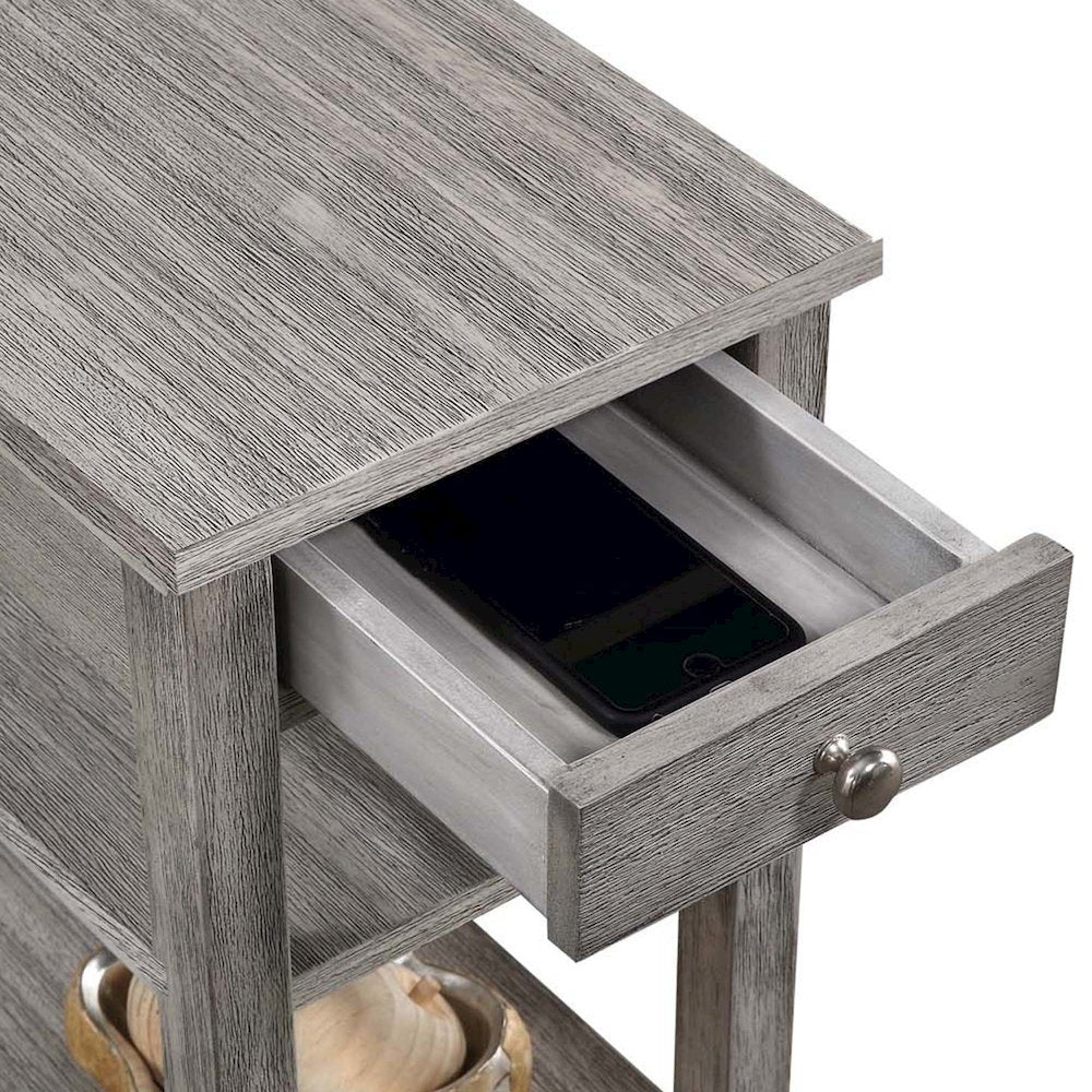 Chairside End Table with Drawer, 3 Shelves, Gray Wood Finish, Concealed Storage
