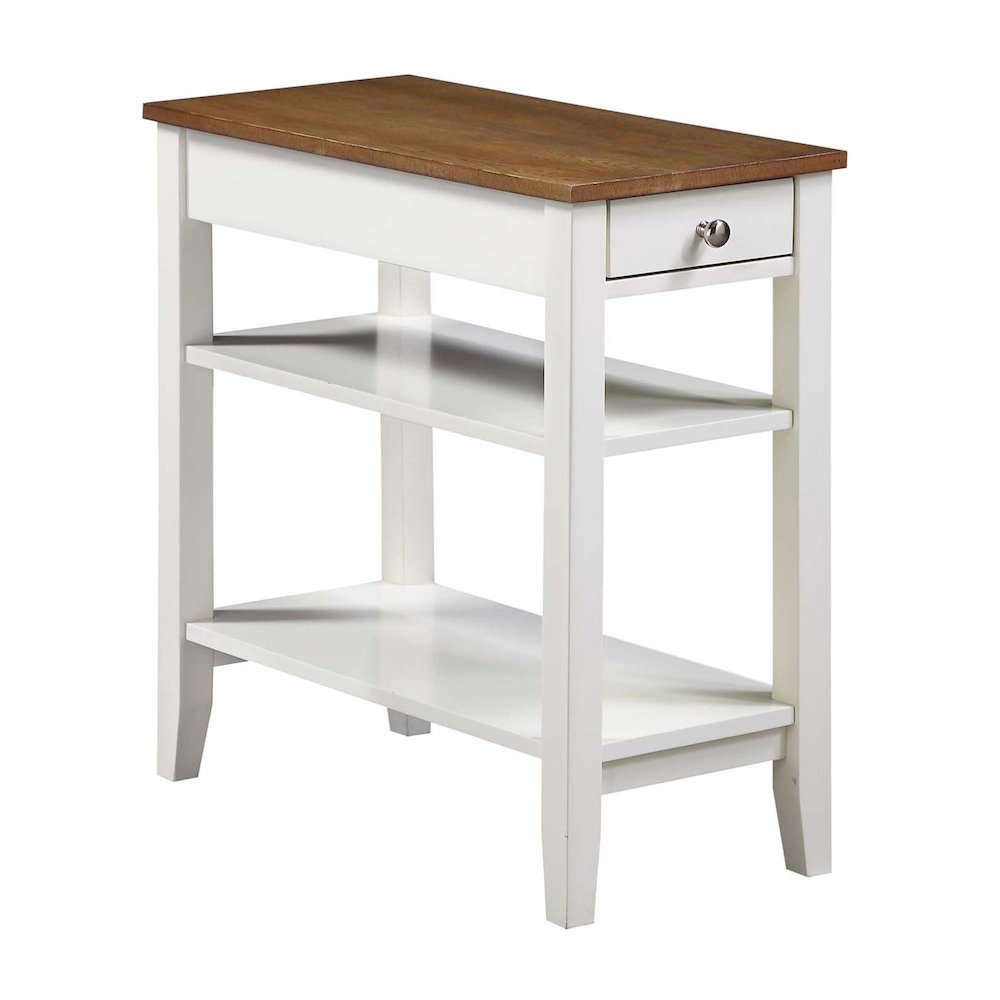 Chairside End Table, Brown, Drawer, Three Tier Shelf, Narrow