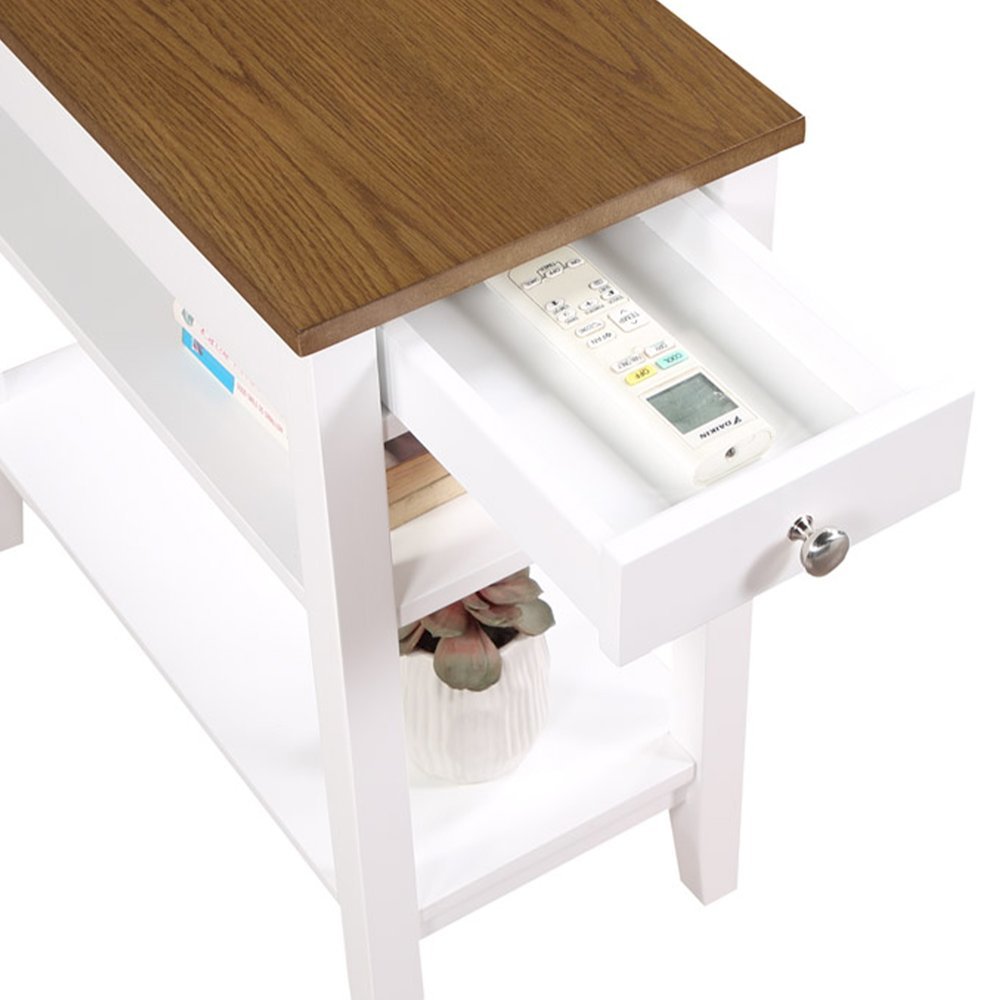 Chairside End Table, Brown, Drawer, Three Tier Shelf, Narrow