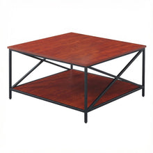 Cherry and Black Metal Square Coffee Table with Shelf and Particle Board Surface
