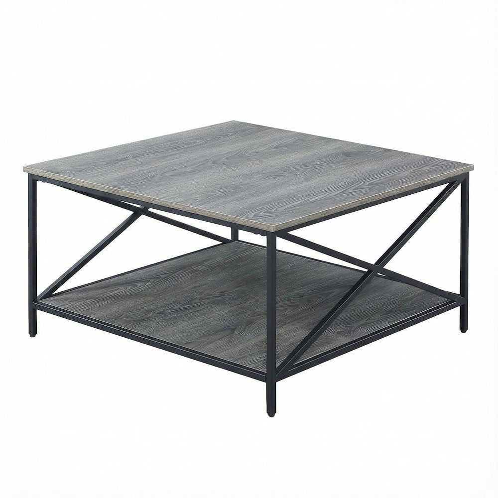 Metal Square Coffee Table Weathered Gray/Black with Shelf Particle Board