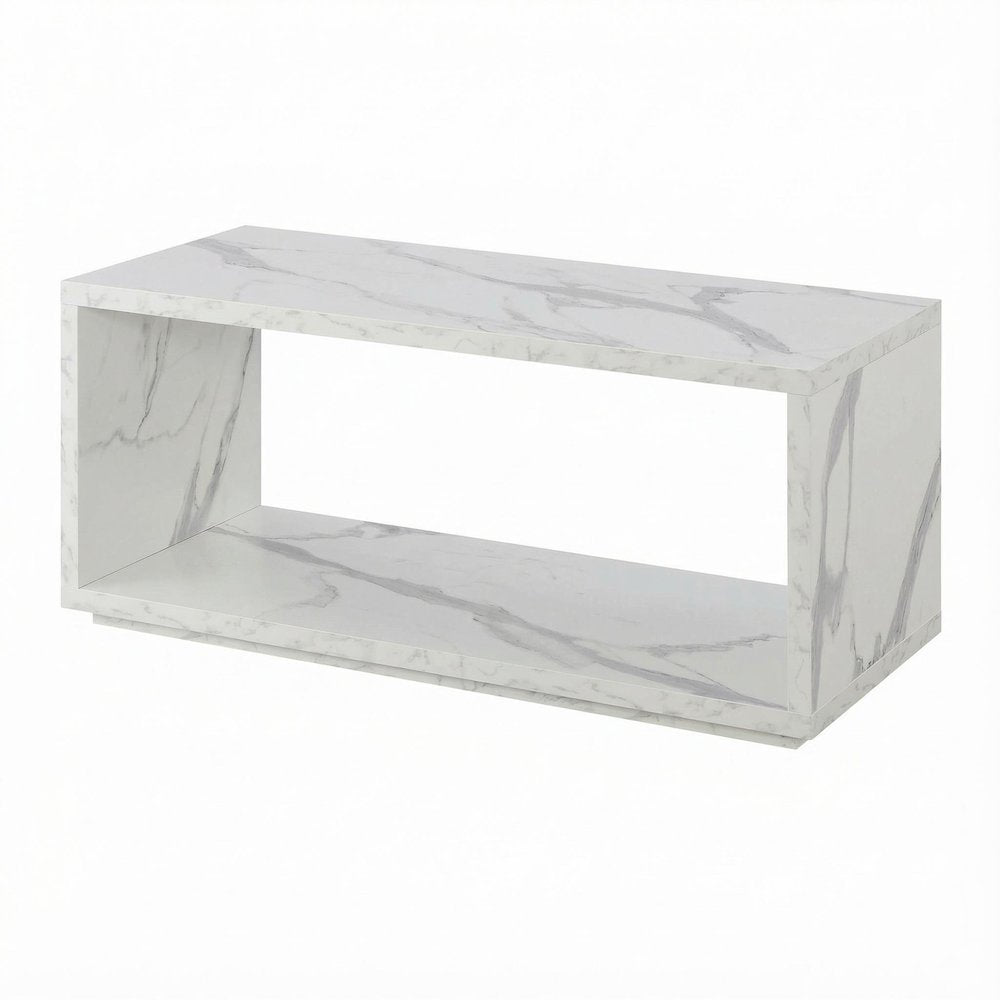 White Faux Marble Coffee Table with Shelf Honeycomb Particle Board