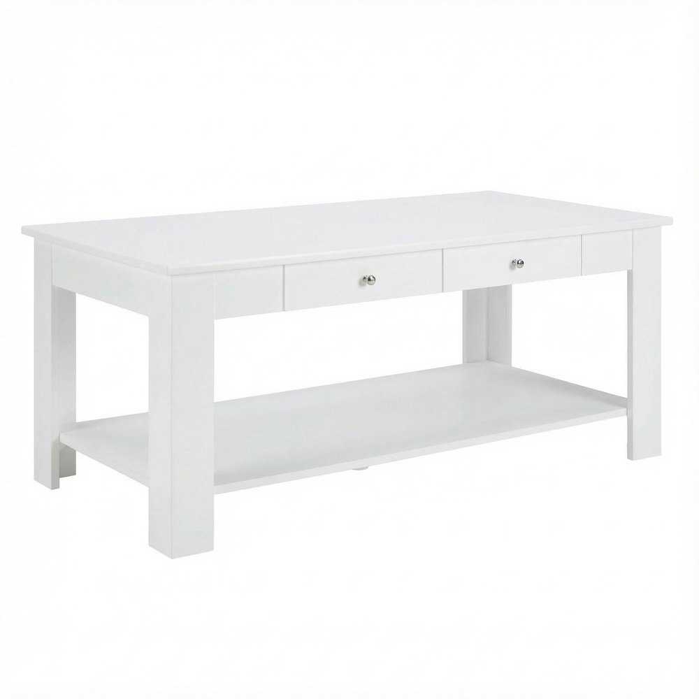 White Coffee Table with 2 Drawers and Shelf MDF Top Brushed Nickel Knobs
