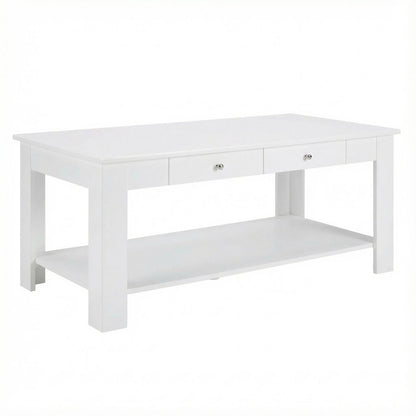 White Coffee Table with 2 Drawers and Shelf MDF Top Brushed Nickel Knobs