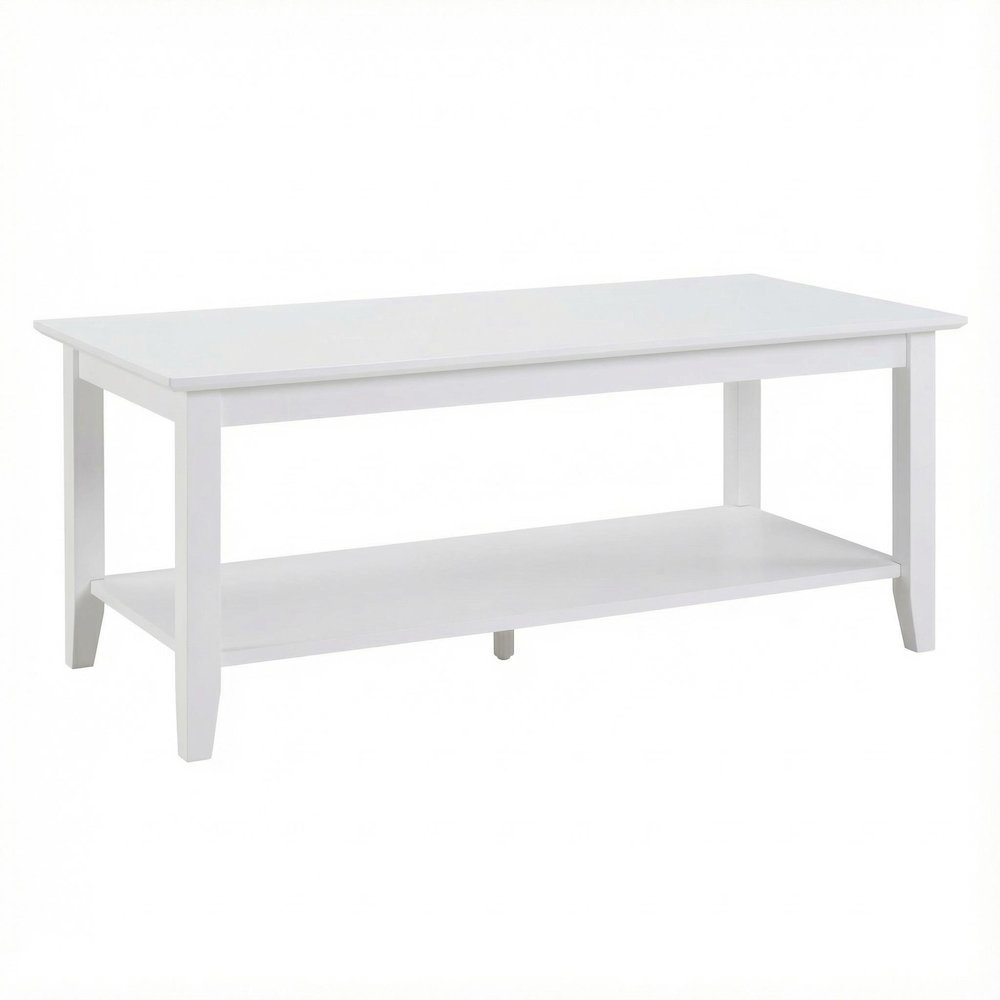 White Rectangle Coffee Table with Shelf MDF Top Rubberwood Legs Durable Design