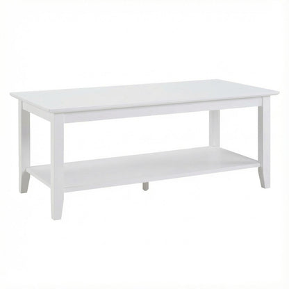 White Rectangle Coffee Table with Shelf MDF Top Rubberwood Legs Durable Design