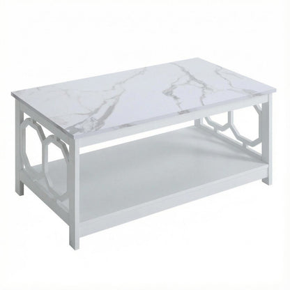 White Faux Marble Coffee Table with Shelf MDF Surface and Sturdy Design