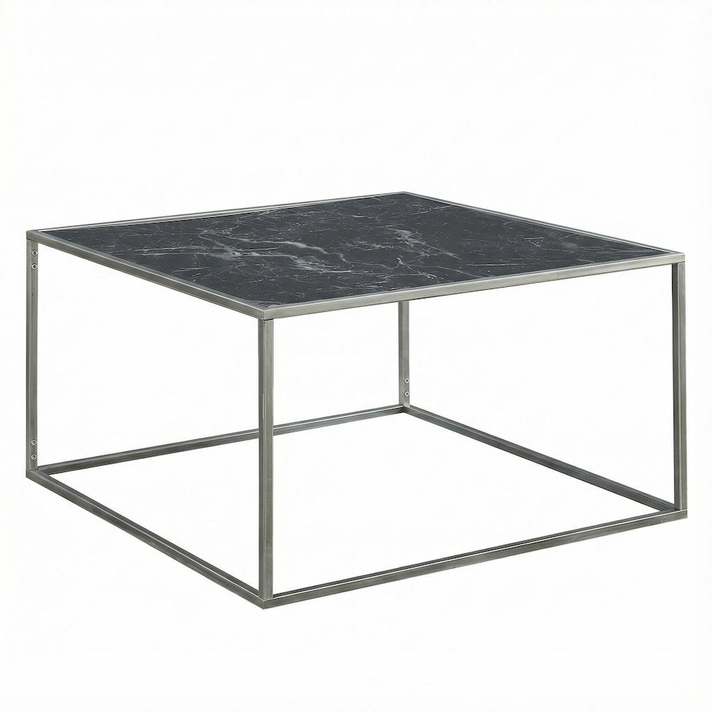 Black Faux Marble Coffee Table with Silver Legs MDF Top Stylish Design