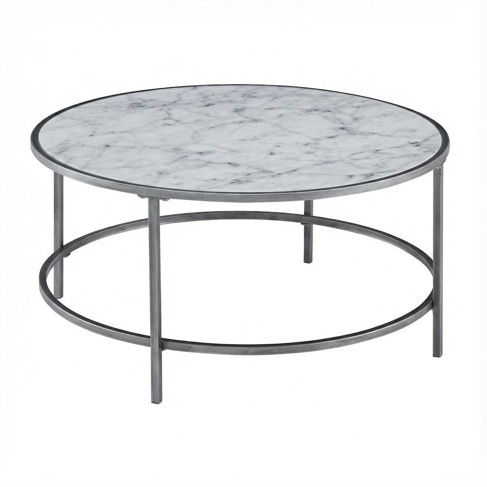 White Faux Marble Coffee Table with Silver Frame Metal Tube Design
