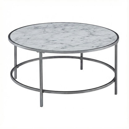 White Faux Marble Coffee Table with Silver Frame Metal Tube Design