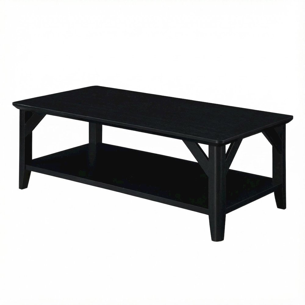 Black Coffee Table with Shelf and Sturdy Wood Construction for Living Room Use