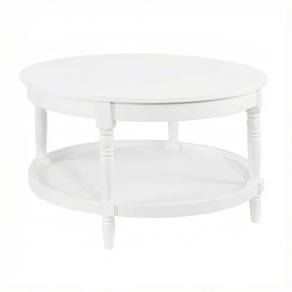 White Round Coffee Table with Shelf and Rubberwood Legs Durable MDF Top