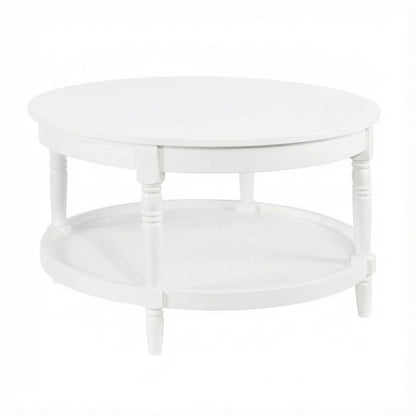 White Round Coffee Table with Shelf and Rubberwood Legs Durable MDF Top