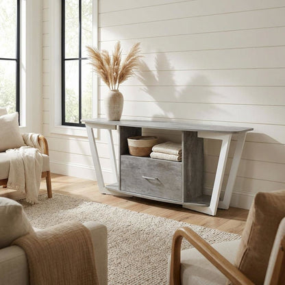 White powder-coated metal TV stand with shelves for 65-inch TVs