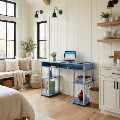 Blue Student Desk, Charging Station And Spacious Surface For Study