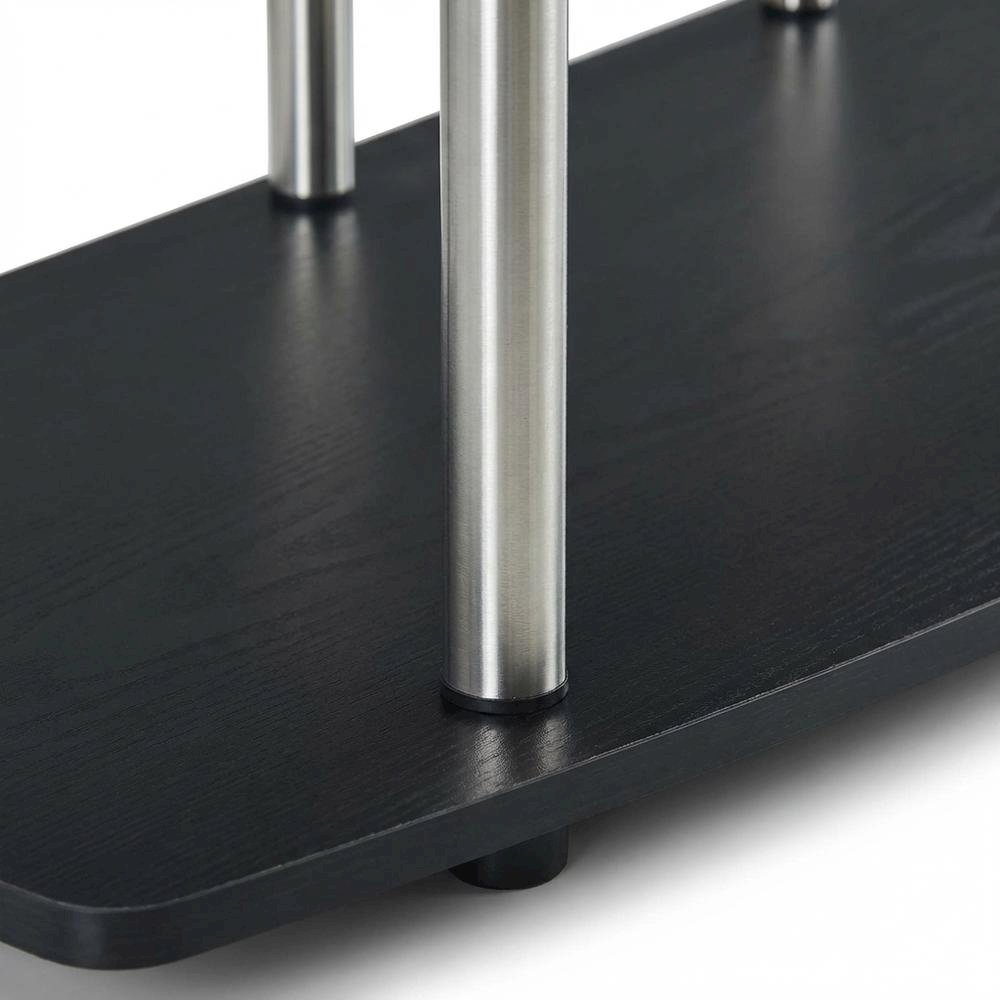 Black No Tools Wide Highboy TV Stand, Particle Board Shelves, Steel Poles