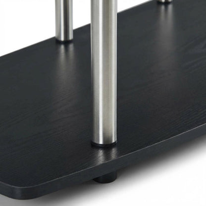 Black No Tools Wide Highboy TV Stand, Particle Board Shelves, Steel Poles