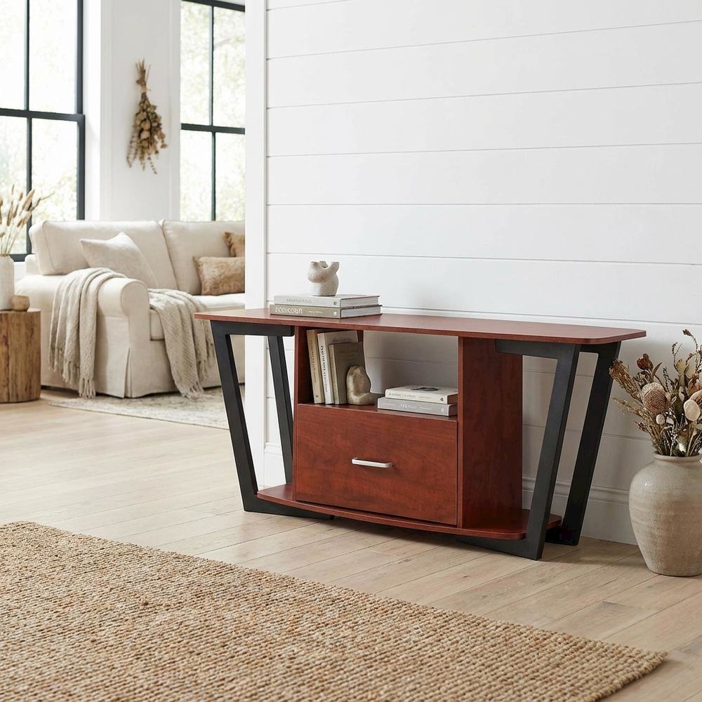 Brown Graystone TV Stand, Shelves, TVs up to 65 Inches, Powder-Coated Metal