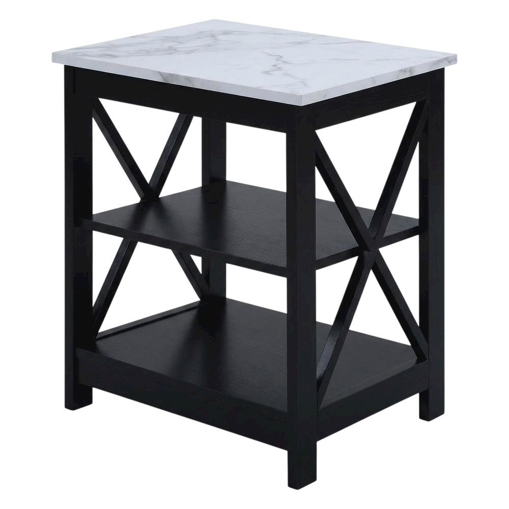 White faux marble end table with shelf for living room or bedroom use