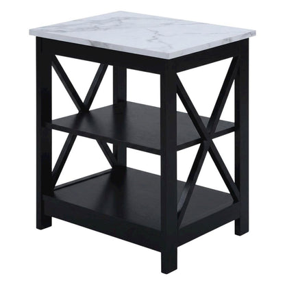White faux marble end table with shelf for living room or bedroom use